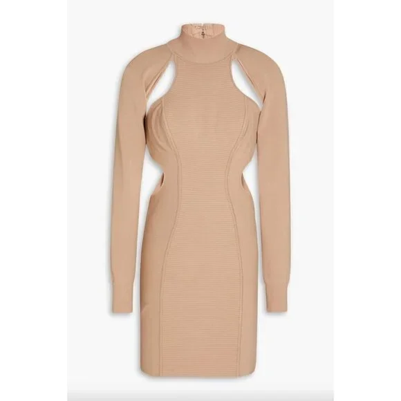 HERVE LEGER Ottoman Cutout Long Sleeve Minidress Fawn Womens Size Large - Picture 4 of 13